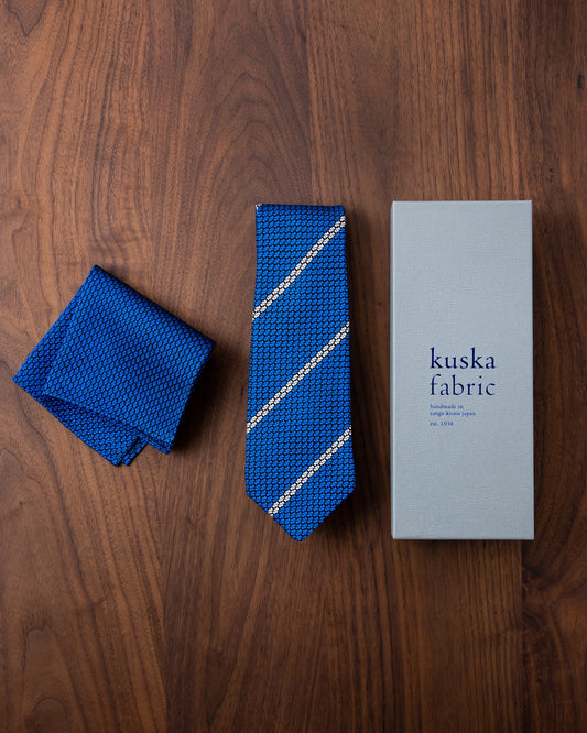 Garza White Line Tie & Pocket Square Tango Blue